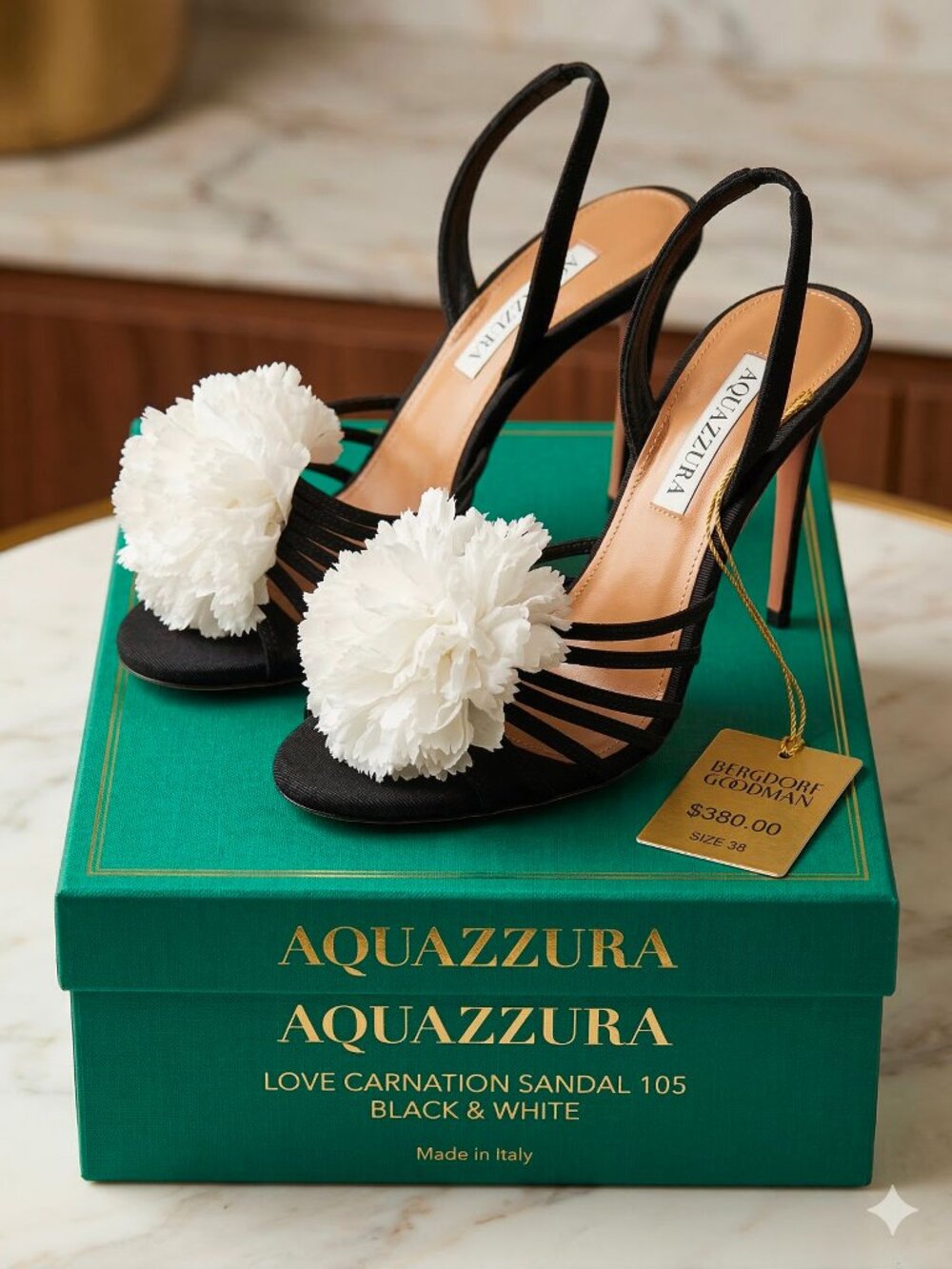 Aquazzura Love Generation 105 Black Satin Flower Sandals Heels